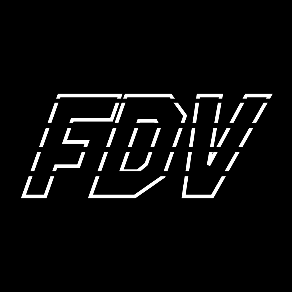 The white, speed-striped italic FDV wordmark on black.